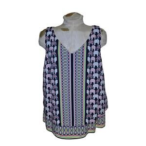 Crown & Ivy Curvy‎ Elephant Print Tank Top Sleeveless Blouse Casual Navy Size 1X